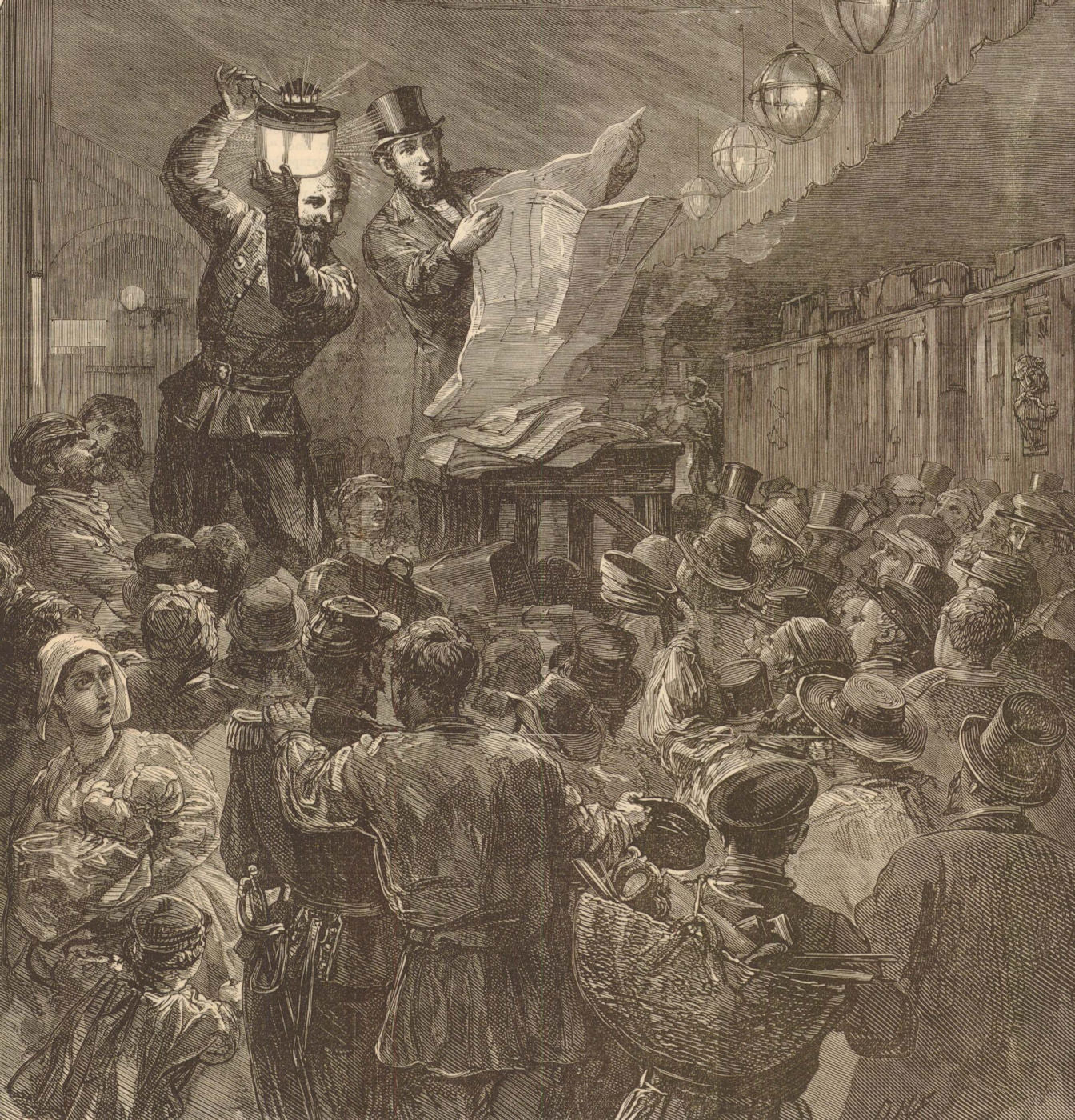 Declaration of war read at a French railway station. Franco-Prussian War 1870